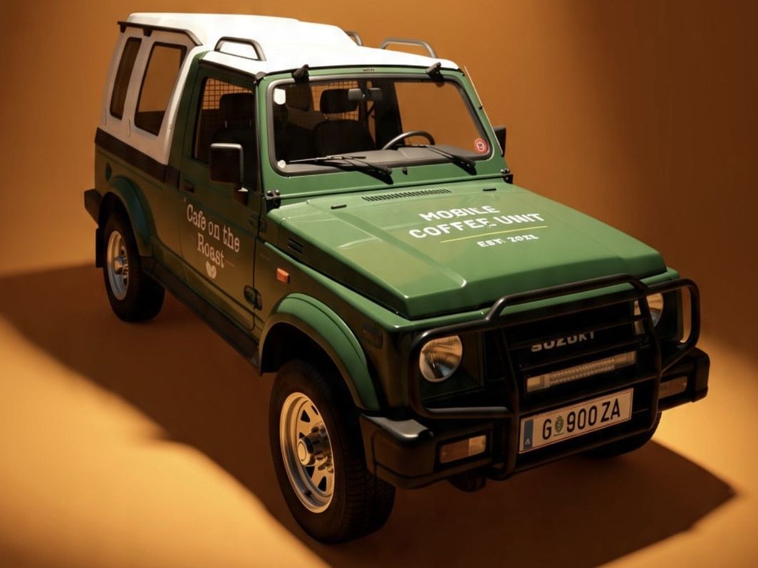 The Samurai: the Cafe on the Roast Suzuki Samurai in mobile coffee unit livery, studio shot
