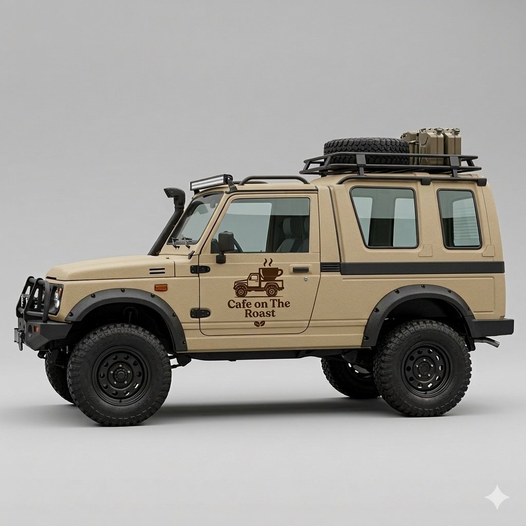 Render of the Cafe on the Roast Suzuki Samurai mobile coffee bar, view 2